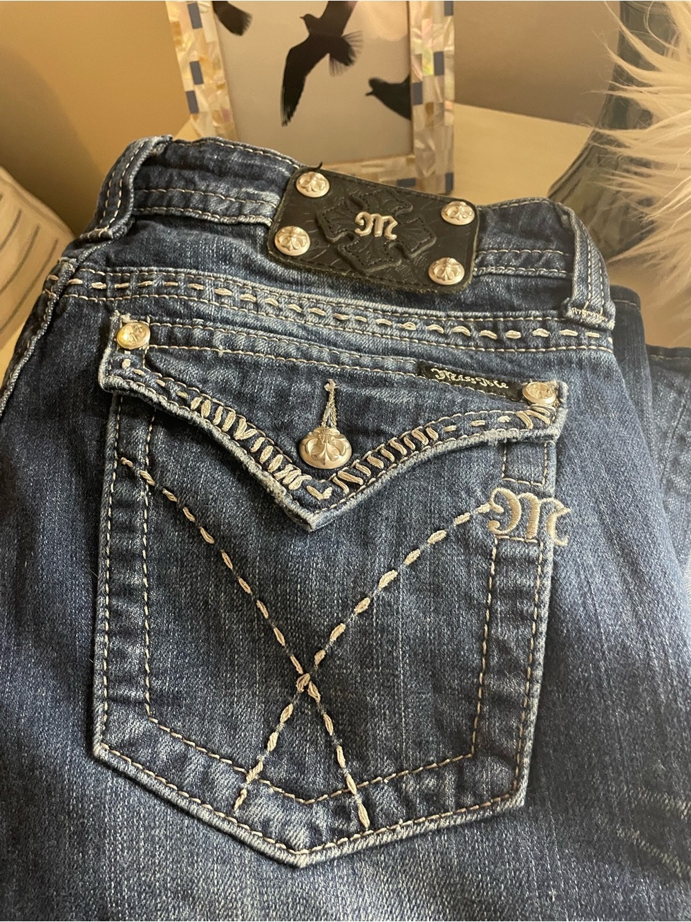 Miss Me Dark Blue Denim Boot Cut Jeans with Embroidered Pocket